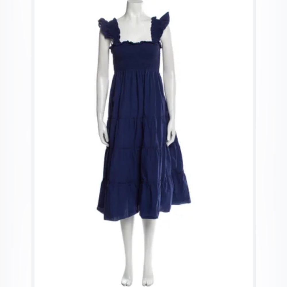 Hill House Navy Blue Ruffle Strap Tiered Midi Dress